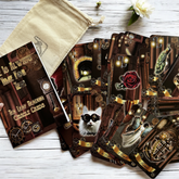 Steampunk Style. A beautifully designed deck titled "There is Always Time for Tea" with warm brown tones and subtle clock motifs, displayed alongside a soft cotton bag.